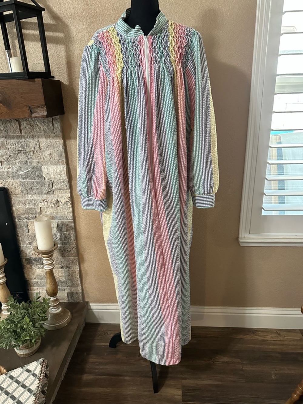 Styled by Saybury Vintage rainbow 80’s seersucker striped long house coat dress